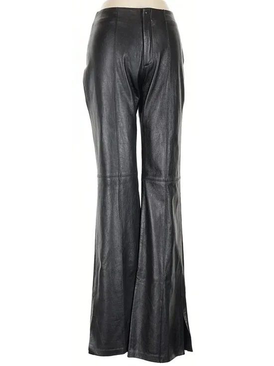 💋CHIC & STYLISH!💋100% Genuine Leather High Waist Slit Hem Flare Pants in Black - Picture 6 of 16